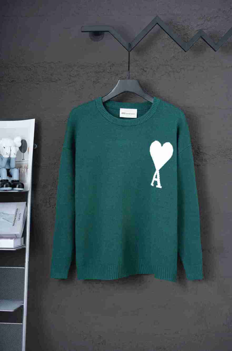 AMI Paris Dark Green Oversized Unisex White Heart‑A Logo Sweater